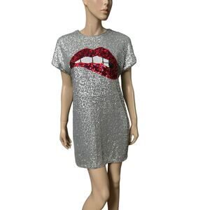Aidan by Aidan Mattox Silver Sequin Short Sleeves Bitting Lips Cocktail Dress 4